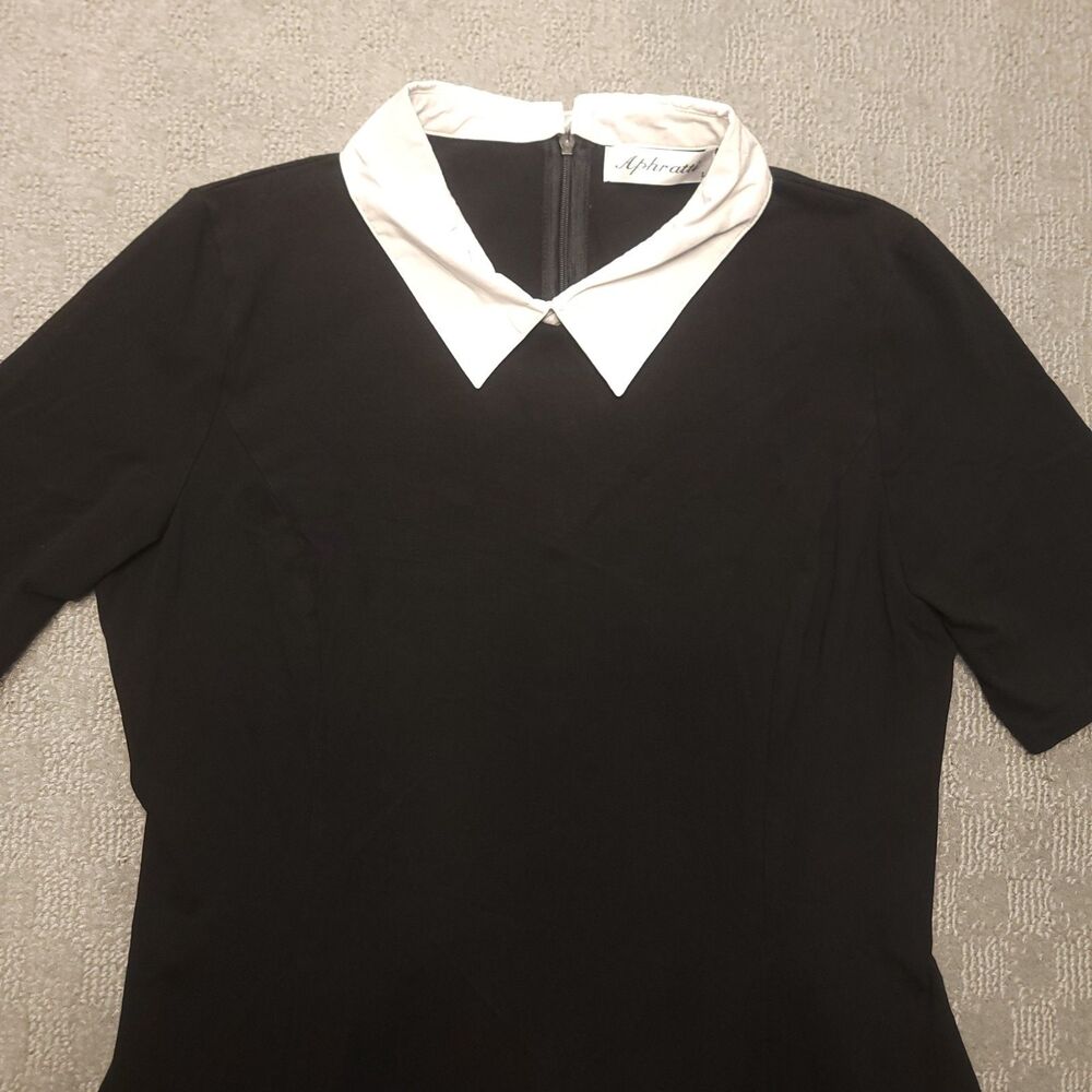 Aphratti Women's L (6) Dress Black Stretchy White Collar "Wednesday Look" - Picture 2 of 9